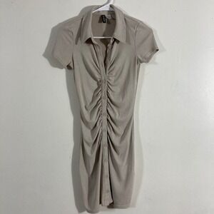 H&M Divided Ruched Mini Dress Womens XS Beige Ribbed Button Down